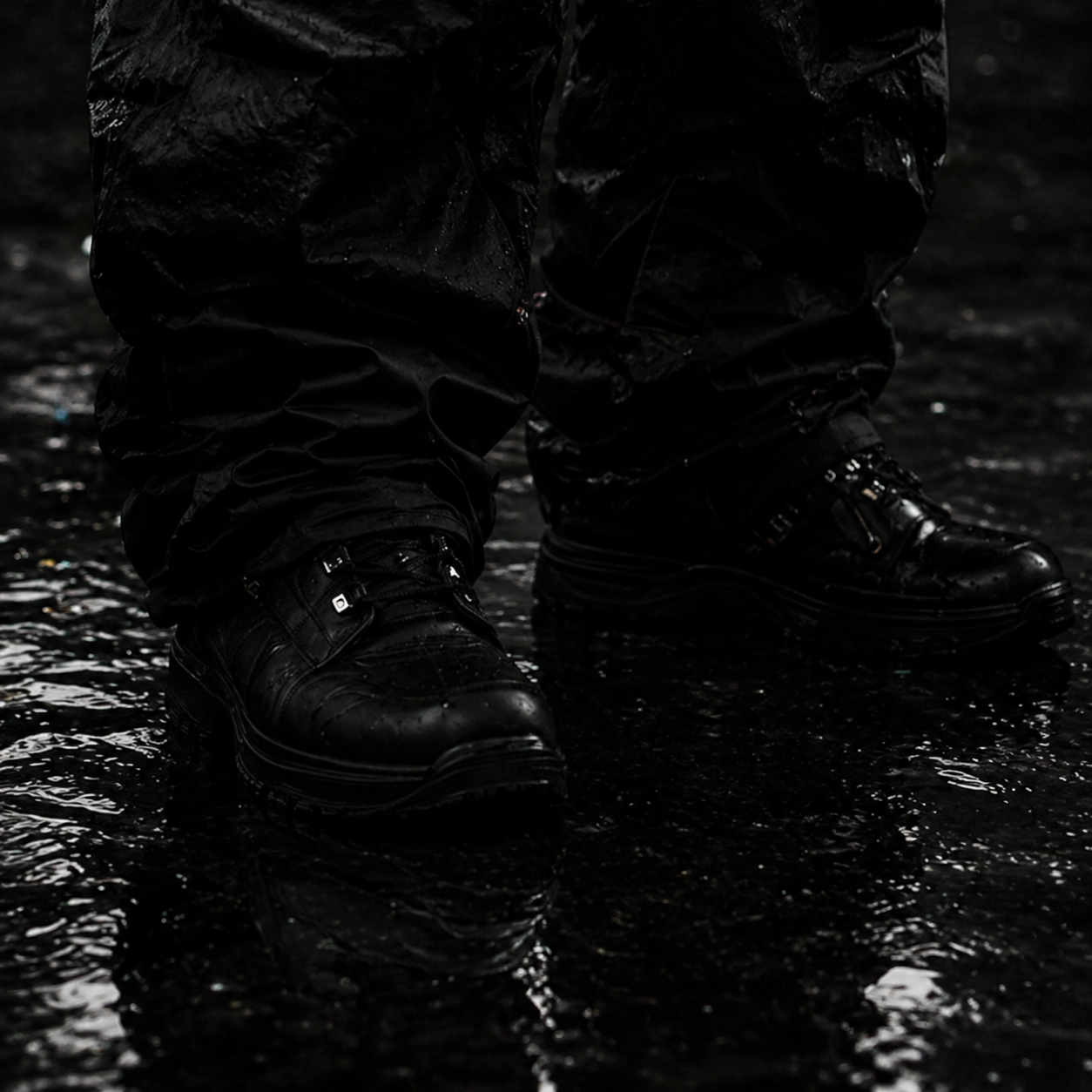 Black boots on wet ground