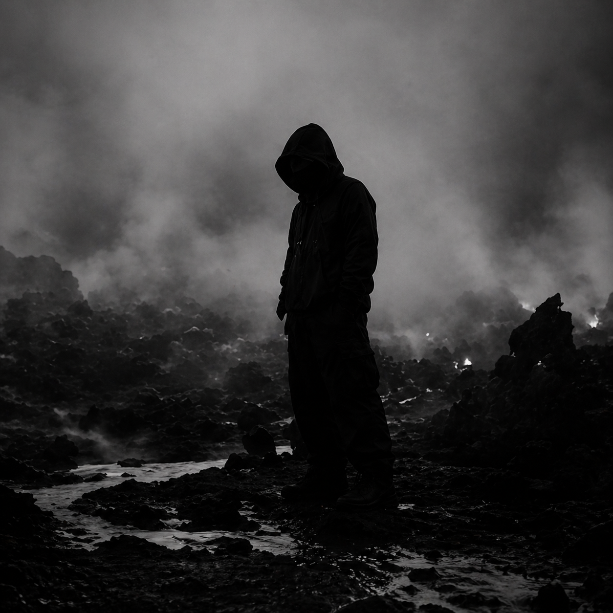 Hooded figure standing in smoke and rocks