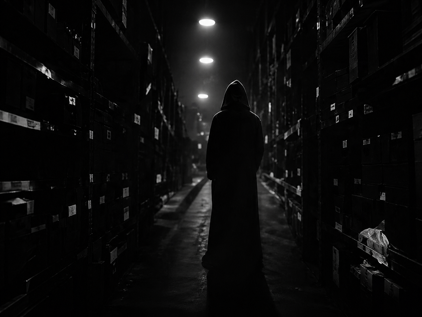 Anonymous hooded figure in a dark warehouse
